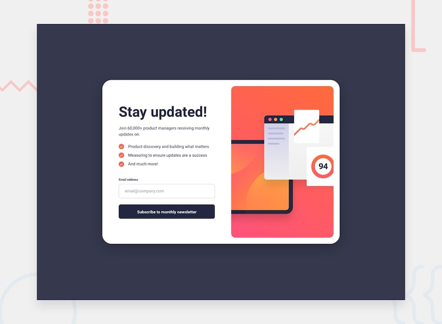 Captura del reto Newsletter sign-up form with success message