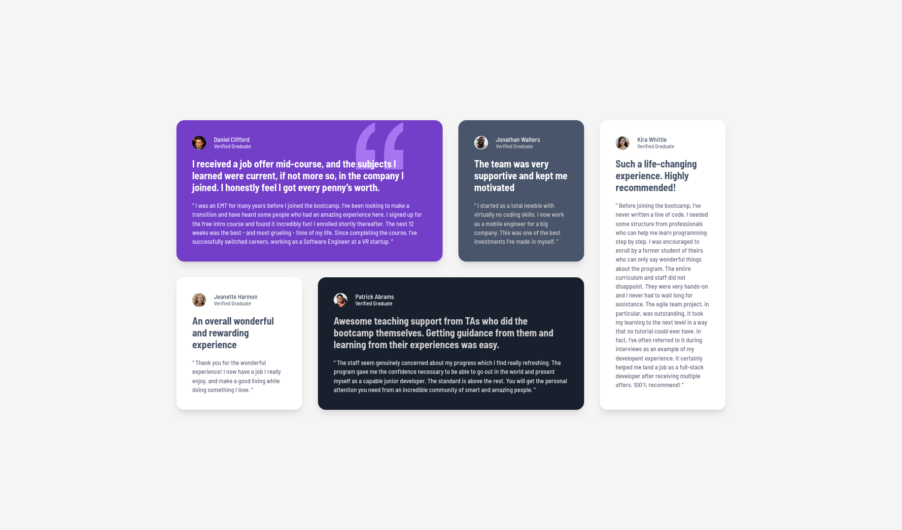 Captura del reto Testimonials grid section